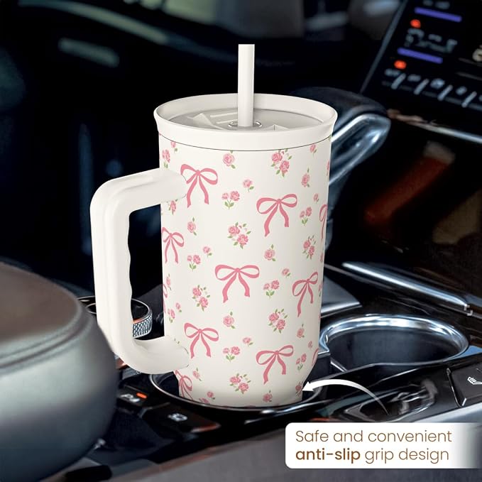 Bow Tumbler with Handle 40oz, Stainless Steel Insulated Tumblers Coffee Travel Cup with Slider Straw Lid, Gifts for Women Teen Girls Birthday - Image 6