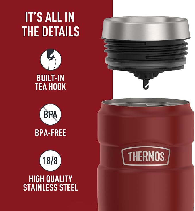 THERMOS Stainless King Vacuum-Insulated Stainless Steel Tumbler - 16oz, Rustic Red - Insulated Coffee Tumbler for Hot & Cold Drinks - Leak-Proof & Sweat-Proof for Commuting & Traveling - Image 4