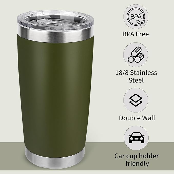 20oz Stainless Steel Tumbler Bulk with Lid, Travel Mug - Double Wall Vacuum Powder Coated Cup - Army Green, 6 Pack - Image 3