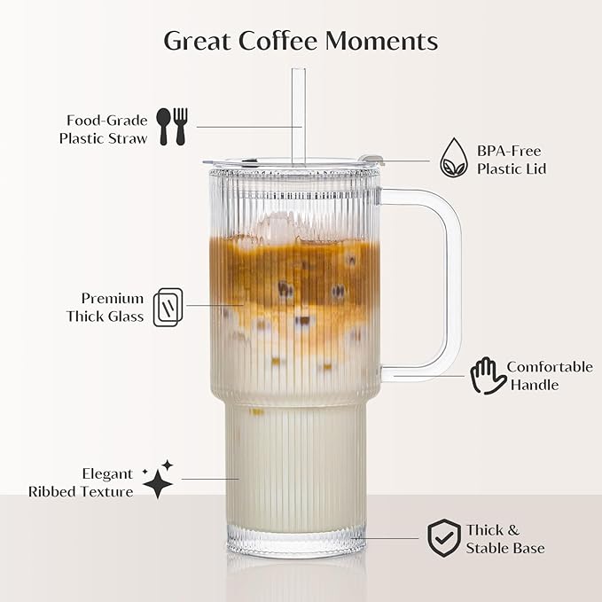 INSETLAN 24oz Ribbed Glass Tumbler with Handle & Lid – 4-Pack Large Iced Coffee Cups with Straws, Modern Glass Mug for Cold & Hot Beverages, Aesthetic Travel Cup for Smoothies, Tea, and Juice - Image 4