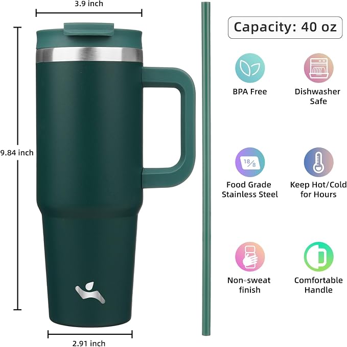Konokyo 40 oz Tumbler with Handle and 2 Straws,2 in 1 Lid Insulated Water Bottle Stainless Steel Travel Coffee Mug,Dark Green - Image 4