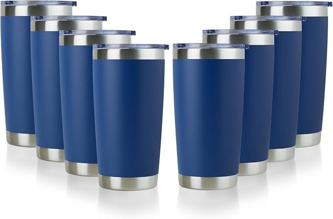 DOMICARE 20oz Stainless Steel Tumbler Bulk with Lid, Double Wall Vacuum Insulated Travel Mug, Powder Coated Coffee Cup, Dark blue, 8 Pack by VisittheDOMICARE