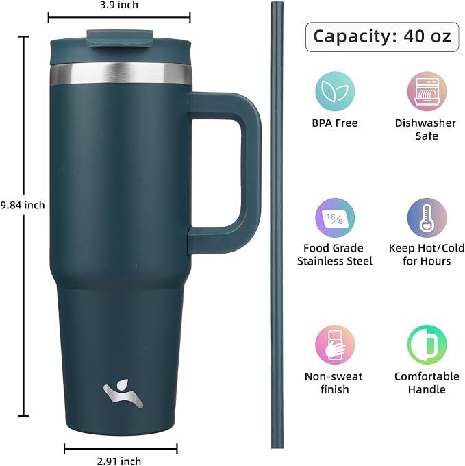 Konokyo 40 oz Tumbler with Handle and 2 Straws,2 in 1 Lid Insulated Water Bottle Stainless Steel Travel Coffee Mug,Navy blue - Image 4