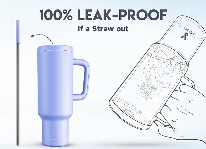 Meoky 50 oz Tumbler with Handle, Tumbler with Lid and Straw, Insulated Stainless Steel Travel Mug, 100% Leak-proof, Keeps Cold for 36 Hours or Hot for 12 Hours (Lilac) - Image 3