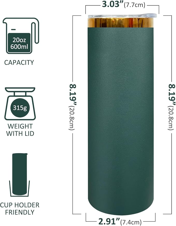 20 oz Skinny Tumblers Stainless Steel Tumbler with Lid and Straw Double Wall Vacuum Insulated Coffee Mug 20oz Powder Coated Cup for Hot and Cold Drinks(Green,4 pack) - Image 2