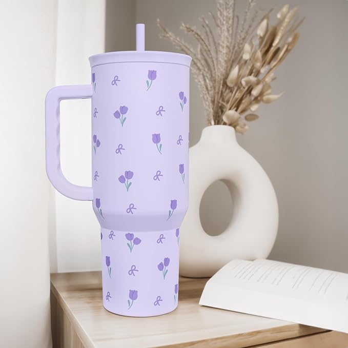 Floral 40oz Tumbler with Handle and Straw – Tulip Insulated Stainless Steel Travel Coffee Mug for Women Girls, Floral Gift Idea for Birthday Christmas Mothers Day - Image 7