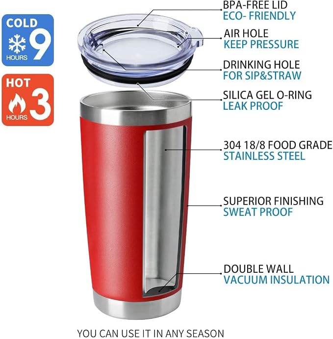 HASLE OUTFITTERS 20oz Tumblers Stainless Steel Mugs with Lid Double Wall Vacuum Insulated Coffee Cups for Cold & Hot Drinks (20oz-Red, 12 Pack) - Image 4