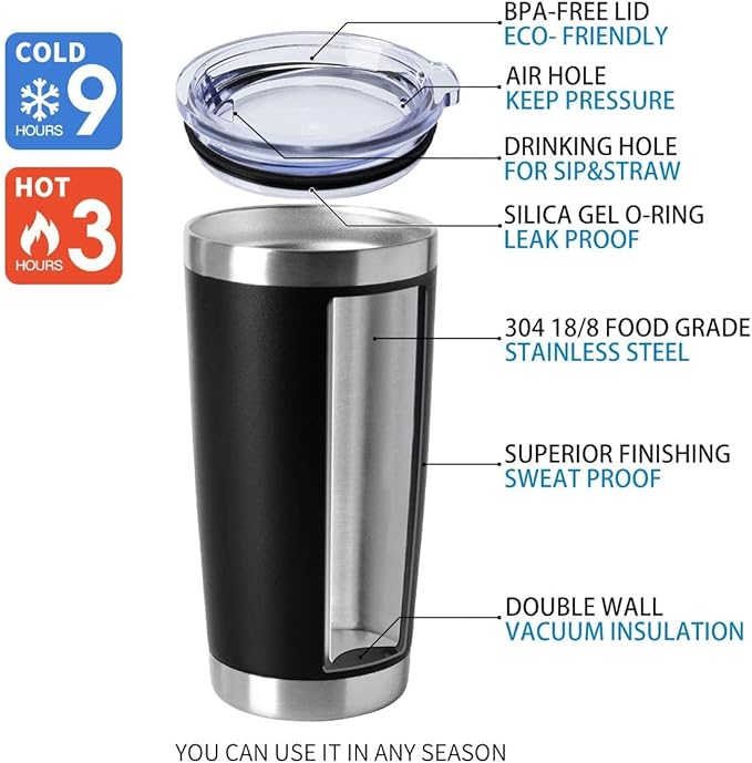 HASLE OUTFITTERS 20oz Tumblers Stainless Steel Mugs with Lid Double Wall Vacuum Insulated Coffee Cups for Cold & Hot Drinks (20oz-Black, 12 Pack) - Image 3