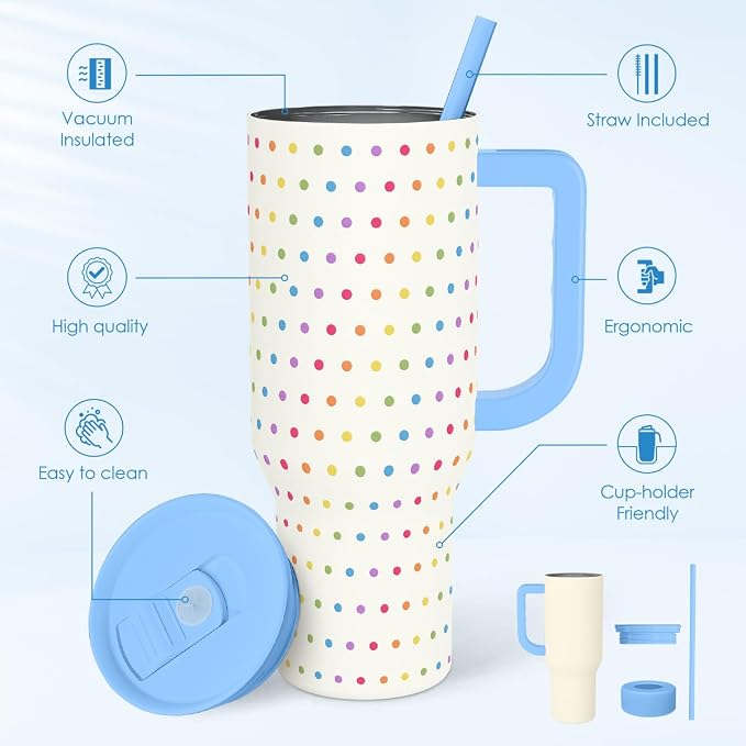 SANDJEST LGBT 40oz Tumbler with Handle and Straw, Insulated Stainless Steel Travel Coffee Mug for Gay Lesbian Adults Friends, Gift Idea for Birthday Christmas Pride Month (Polka Dot) - Image 2