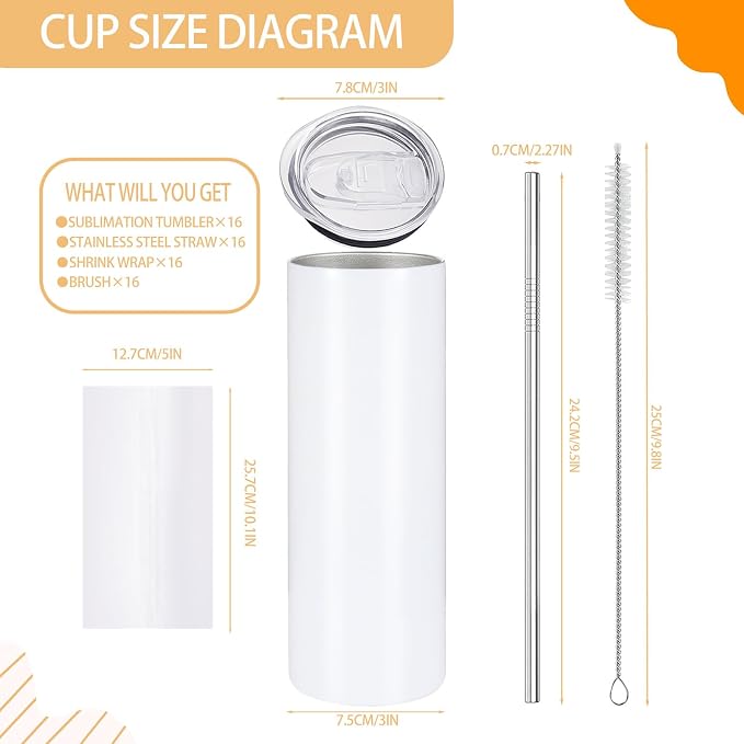 YOUKE OLA 16 Pack Sublimation Tumblers Flat Edge Blanks Skinny Straight Bulk 20 oz, Stainless Steel Double Wall Insulated Sublimation with Straw & Lids for Heat Transfer, White | Flat Edge, Blanks, Skinny Straight, Bulk, Sublimation - Image 3