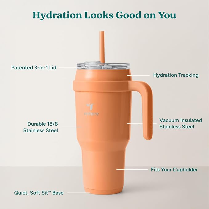 REDUCE 40 oz Stainless Steel Tumbler with Handle - Dual-Wall Vacuum Insulated Travel Mug, Sweat-Proof Lid & Reusable Straw - Keeps Drinks Cold for 24 Hrs, Fits Cupholders, Dishwasher Safe - Papaya - Image 4