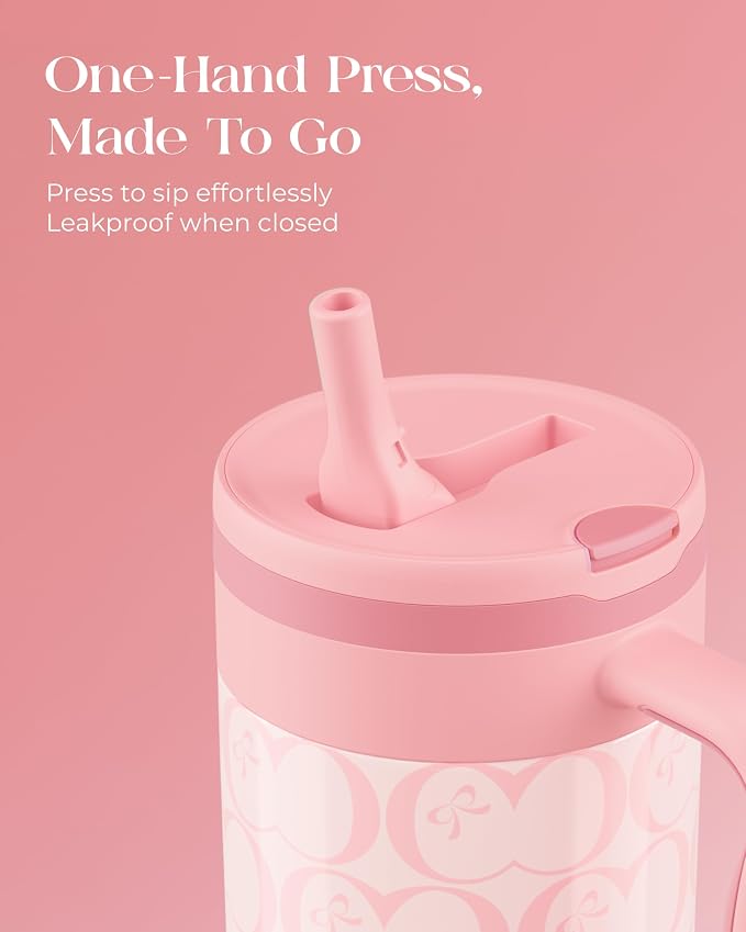 40 oz Insulated Tumbler with Handle and Push-Button Straw Lid, Stainless Steel Travel Cup for Gym Office, Leakproof, BPA-Free, Cup Holder Friendly, Bow Silicone Boot, Pink (C’ Blush) - Image 3