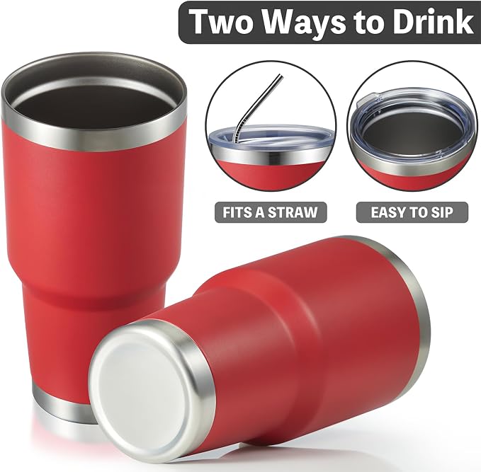 MEWAY 30oz Insulated Tumbler With Lids and Straws,Stainless Steel Double Vacuum Coffee Tumbler Cup, Brush, Durable Powder Coated Coffee Cup for Cold & Hot Drinks, Office, Travel(Coral red,4 PACK) - Image 3