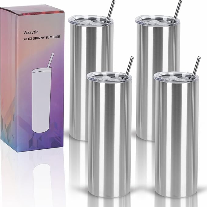 4 Pack 20 Oz Straight Skinny Tumblers,Individually Gift Boxed Stainless Steel Slim Skinny Tumbler Set Bulk, 20 Oz Insulated Slim Thin Travel Tumbler Cup for Diy, Silver by Wzaytia
