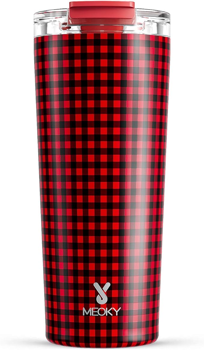 Meoky 24 oz Travel Coffee Mug with Leak-proof Lid, Stainless Steel Insulated Coffee Tumbler, Keeps Hot for 8 Hours or Cold for 24 Hours, Fits in Car Cup Holder (Crimson Plaid) by MEOKY