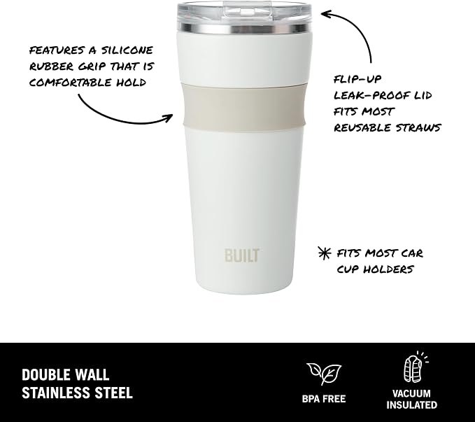 BUILT 24oz Shasta Double Wall Vacuum Insulated Stainless Steel Tumbler with Easy to Clean Flip to Open Lid, Marshmallow - Image 3