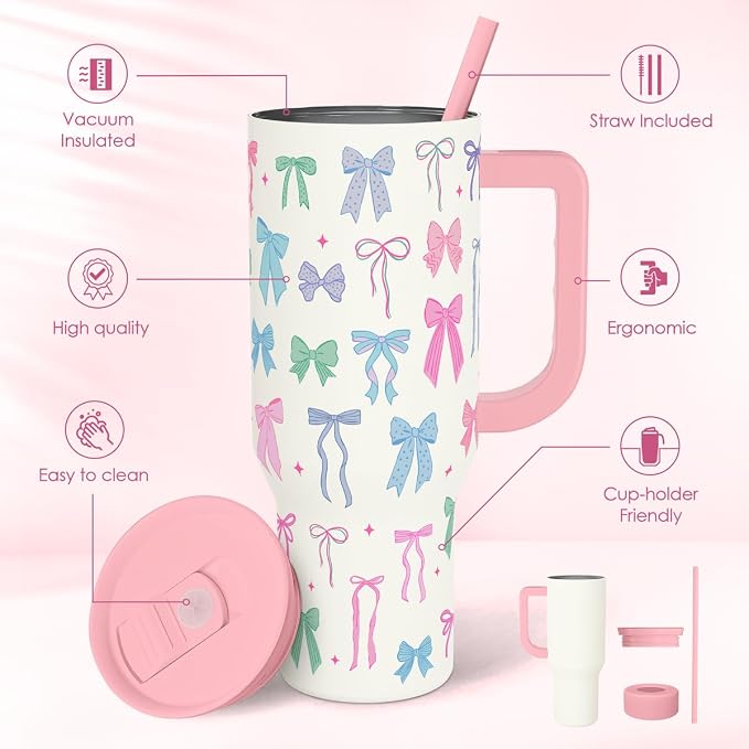 SANDJEST Bow 40oz Tumbler With Handle and Straw, Insulated Stainless Steel Travel Coffee Mug for Women Girls Bow Lovers, Gift Idea for Birthday Christmas Mothers Day - Image 2