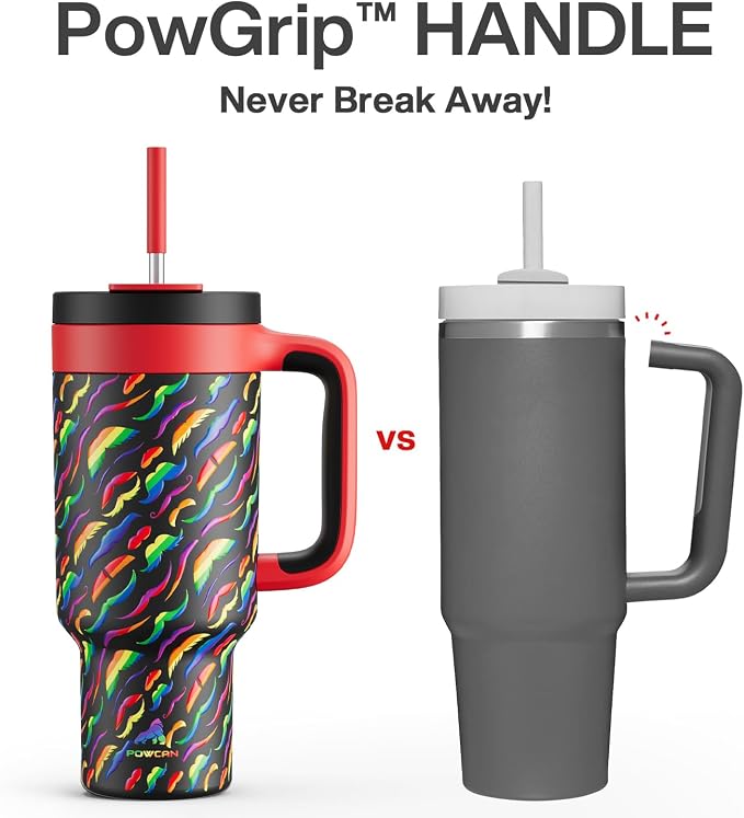 POWCAN 40 oz Tumbler with Handle, 2-in-1 Straw and Sip Lid, Leakproof, Dishwasher Safe, Insulated Stainless Steel Travel Coffee Mug, Keeps Cold for 34 Hours, Fits in Car Cup Holder (Rainbow Whiskers) - Image 3