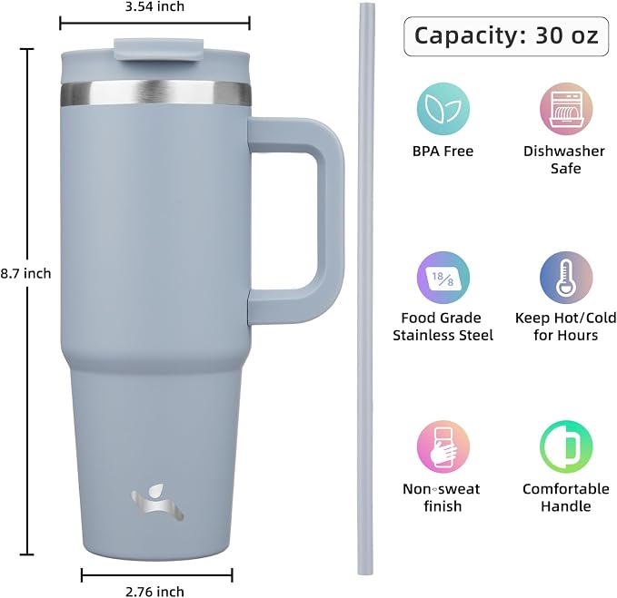 Konokyo 30 oz Tumbler with Handle and 2 Straws,2 in 1 Lid Insulated Water Bottle Stainless Steel Travel Coffee Mug,Lavender - Image 4