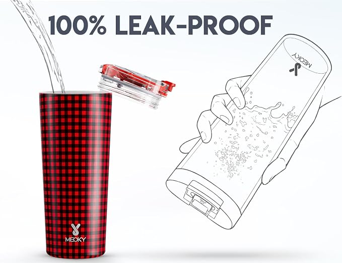 Meoky 24 oz Travel Coffee Mug with Leak-proof Lid, Stainless Steel Insulated Coffee Tumbler, Keeps Hot for 8 Hours or Cold for 24 Hours, Fits in Car Cup Holder (Crimson Plaid) - Image 5