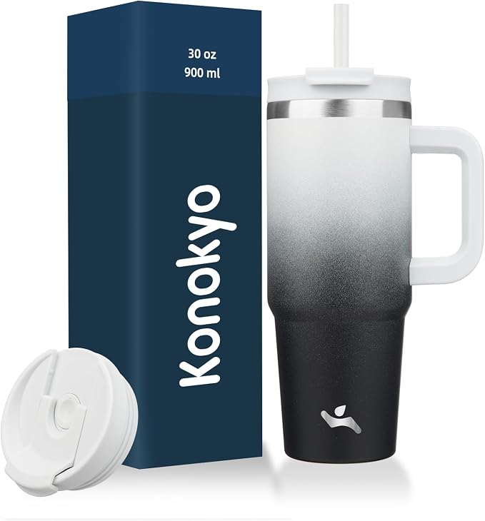Konokyo 30 oz Tumbler with Handle and 2 Straws,2 in 1 Lid Insulated Water Bottle Stainless Steel Travel Coffee Mug,Day Night by Konokyo