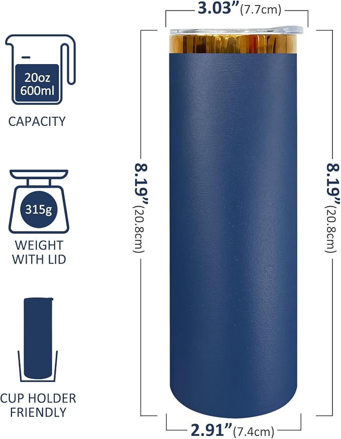 20 oz Skinny Tumblers Stainless Steel Tumbler with Lid and Straw Double Wall Vacuum Insulated Coffee Mug 20oz Powder Coated Cup for Hot and Cold Drinks(Navy,1 pack) - Image 2