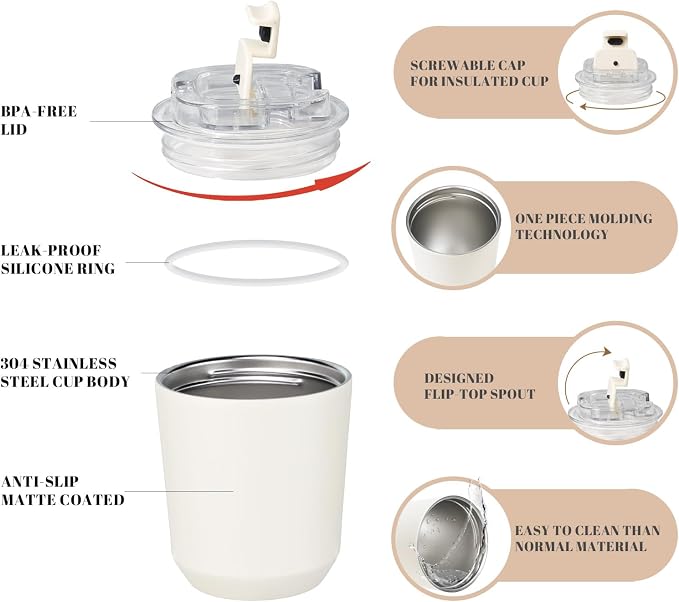 Puraville Insulated Tumblers with Lid, 10 oz Travel Coffee Mug Stainless Steel Vacuum Cup, Leak Proof Reusable Double Walled Coffee Tumbler for Iced and Hot Drinks, Cream - Image 4
