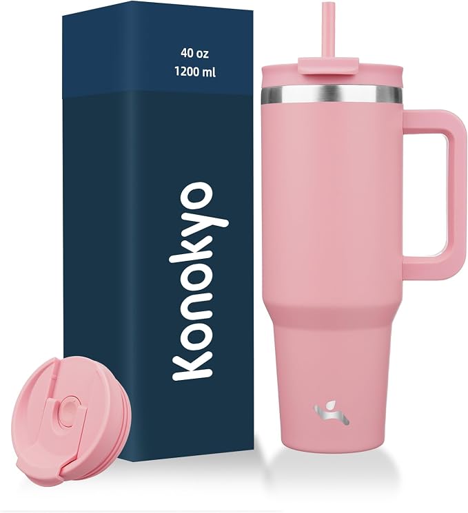Konokyo 40 oz Tumbler with Handle and 2 Straws,2 in 1 Lid Insulated Water Bottle Stainless Steel Travel Coffee Mug,Pink by Konokyo