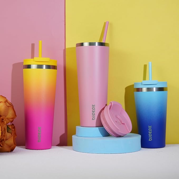 BJPKPK 22oz Stainless Steel Insulated Tumbler With lid And Straw Travel Coffee Thermal Tumblers Cup For Women And Men,Pink Yellow Rose - Image 6