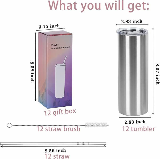 12 Pack 20 Oz Straight Skinny Tumblers,Individually Gift Boxed Stainless Steel Slim Skinny Tumbler Set Bulk, 20 Oz Insulated Slim Thin Travel Tumbler Cup for Diy, Silver - Image 7