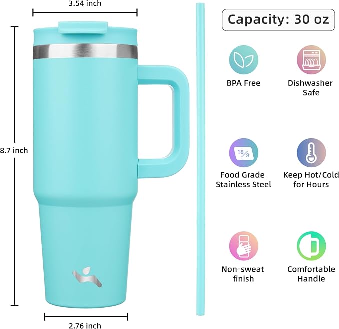 Konokyo 30 oz Tumbler with Handle and 2 Straws,2 in 1 Lid Insulated Water Bottle Stainless Steel Travel Coffee Mug,Turquoise - Image 4