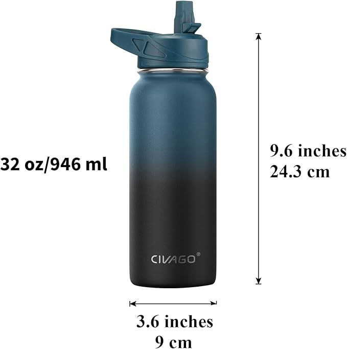 CIVAGO 32 oz Insulated Water Bottle With Straw, Stainless Steel Sports Water Cup Flask with 3 Lids (Straw, Spout and Handle Lid), Wide Mouth Travel Thermal Mug, Light Blue - Image 4