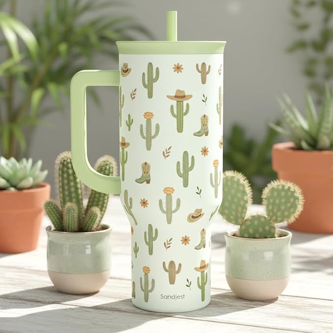 SANDJEST Cactus 40oz Tumbler with Handle and Straw, Insulated Stainless Steel Travel Coffee Mug for Women Girls, Gift Idea for Birthday Christmas Mothers Day - Image 7