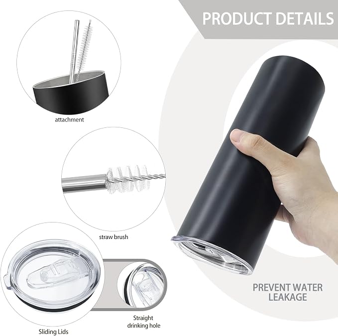 YOUKE OLA 12 Pack Stainless Steel Skinny Tumblers Bulk Straight Double Wall Insulated Tumbler with Lid and Straw for, DIY, Black, 20oz - Image 3