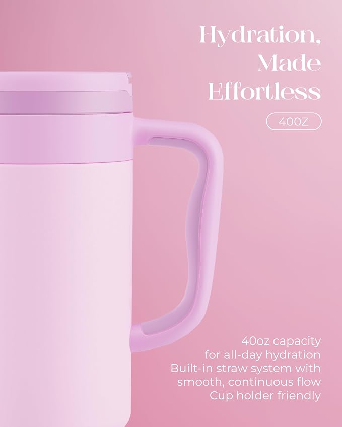 40 oz Insulated Tumbler with Handle and Push-Button Straw Lid, Stainless Steel Travel Cup for Gym Office, Leakproof, BPA-Free, Cup Holder Friendly, Bow Silicone Boot, Purple (Light Lilac) - Image 5