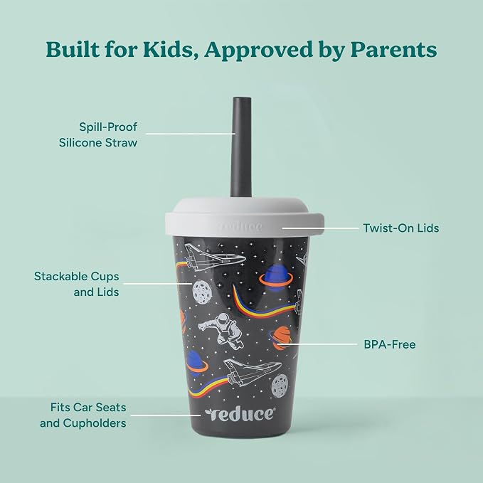 REDUCE GoGo's Kids Portable Tumbler Cups with Lids and Spill-Proof Straws - 5 Pack of Stackable 12 oz Tumblers with Twist-On Lids - Easy Storage, Dishwasher Safe - New Explorer - Image 3