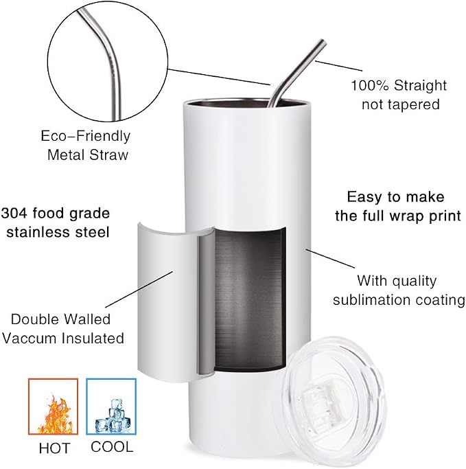 PYD Life 12 Pack Sublimation Tumblers Blanks Skinny White 20 OZ Straight Bulk Stainless Steel Cups with Metal Straw and Lid for Tumbler Heat Press Machine Sublimation Print - Image 2
