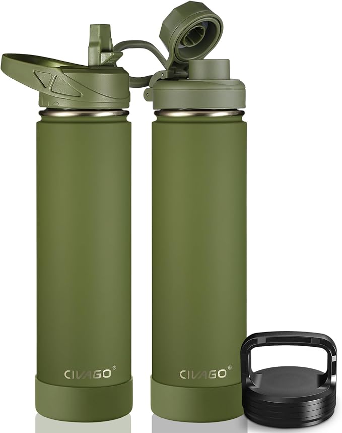 CIVAGO 24 oz Insulated Water Bottle With Straw, Stainless Steel Sports Water Flask Cup with 3 Lids (Straw, Spout and Handle Lid), Double Walled Travel Thermal Canteen Mug, Army Green by CIVAGO
