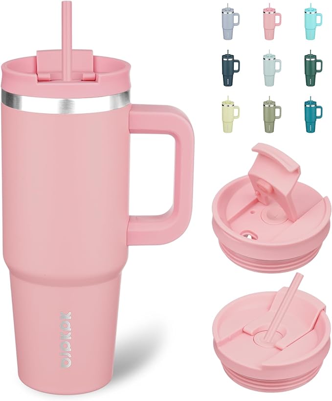 BJPKPK 30oz Stainless Steel Insulated Tumbler With Handle And Lid Straw Travel Coffee Mug Thermal Cup,Light Pink by BJPKPK