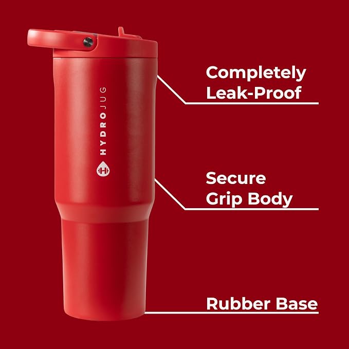 HydroJug Sport - Stainless Steel Tumbler with Straw, Vacuum Insulated, 32oz Leakproof Water Bottle, Ergonomic Design, Reusable, Dishwasher Safe, Rubber Base, Durable for Gym or Outdoors, Alumni Red - Image 2
