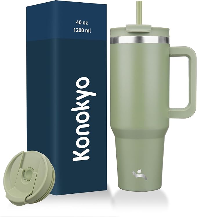 Konokyo 40 oz Tumbler with Handle and 2 Straws,2 in 1 Lid Insulated Water Bottle Stainless Steel Travel Coffee Mug,Army Green by Konokyo