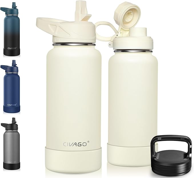 CIVAGO 32 oz Insulated Water Bottle With Straw, Stainless Steel Sports Water Flask Cup with 3 Lids (Straw, Portable Spout and Handle Lid), Double Walled Travel Thermal Canteen Mug, Cream by CIVAGO