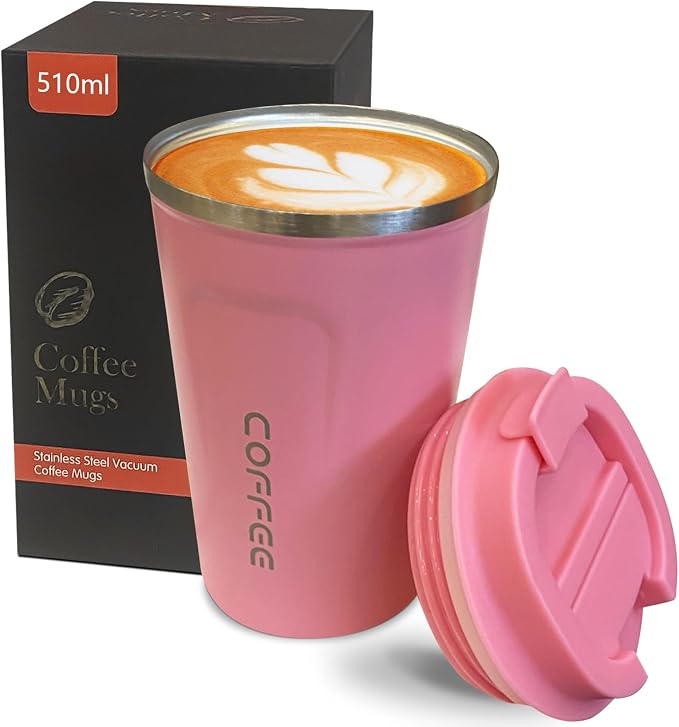 YINBAOGE Insulated Travel Coffee Mug, Spill & Leak Proof, Portable To Go Camping Stainless Steel Coffee Tumbler, Reusable Thermal Coffee Cup with Lid for Hot & Cold Drinks (2nd-Pink, 17 OZ) by YINBAOGE