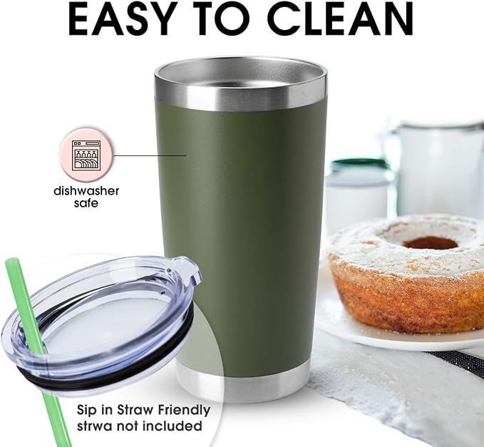 HASLE OUTFITTERS 20oz Stainless Steel Tumblers Bulk, Insulated Travel Cup with Lid, Double Wall Vacuum Coffee Mug for Cold & Hot Drinks 4 Pack, Army Green - Image 3