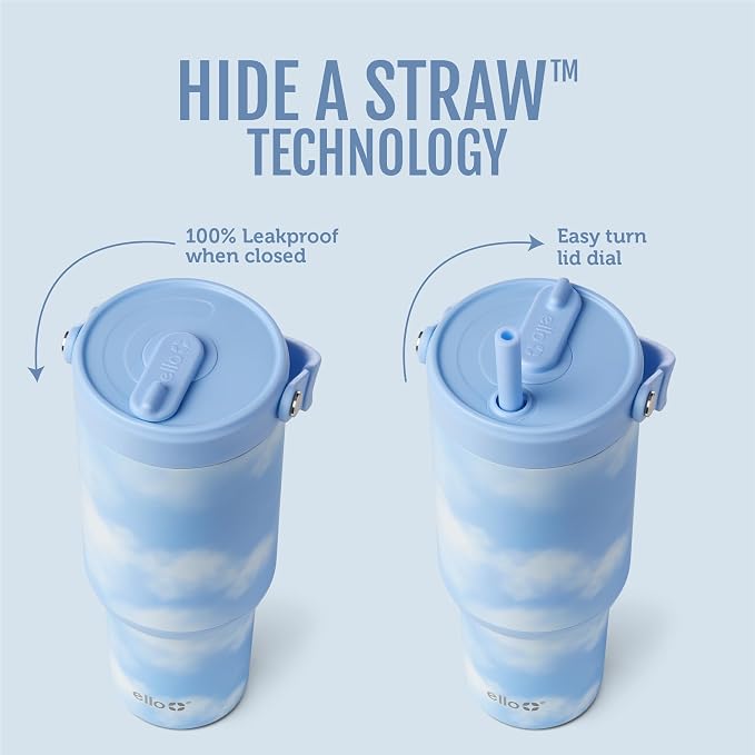 Ello Oasis Go+ 26oz Tumbler with Top Handle and Retracting Straw | Reusable Insulated Stainless Steel Cup, 100% Leakproof Water Bottle, 24 Hours Cold, Cup Holder Friendly For Travel | In The Clouds - Image 2