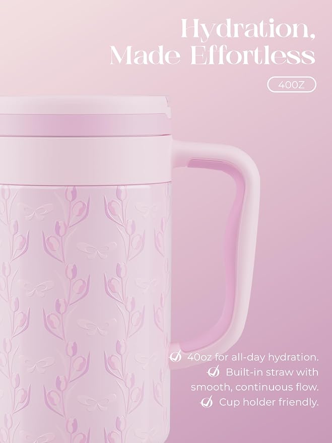 40 oz Insulated Tumbler with Handle and Push-Button Straw Lid, Stainless Steel Travel Cup for Gym Office, Leakproof, BPA-Free, Cup Holder Friendly, Bow Silicone Boot, Purple (Tulip Lilac) - Image 5