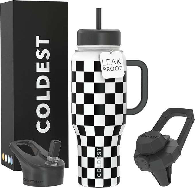 Coldest Tumbler with Handle and Straw, 100% Leak Proof Insulated Tumbler with Lid and Straw (3 Lids), Stainless Steel Tumblers for Women & Men, Cup Holder Friendly, 36 oz (Black Checkers) by Coldest