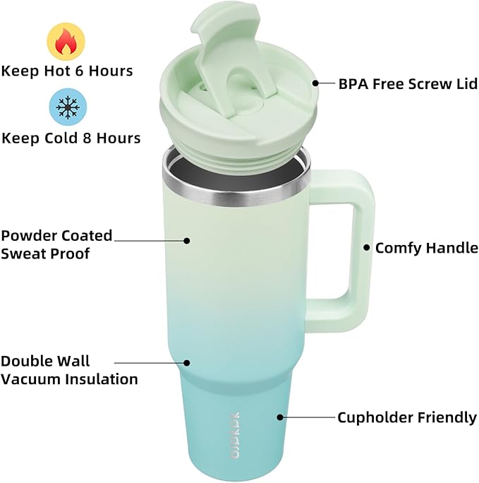 BJPKPK 40 oz Insulated Tumbler With Lid And Straw Stainless Steel Tumblers Cup With Handle For Women And Men,Mint - Image 2