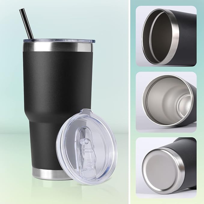 DOMICARE 30 oz Tumbler with Lid and Straw, Stainless Steel Tumblers Bulk, Insulated Vacuum Double Wall Travel Coffee Mug, Durable Powder Coated Tumbler Cups (Black, 12) - Image 5