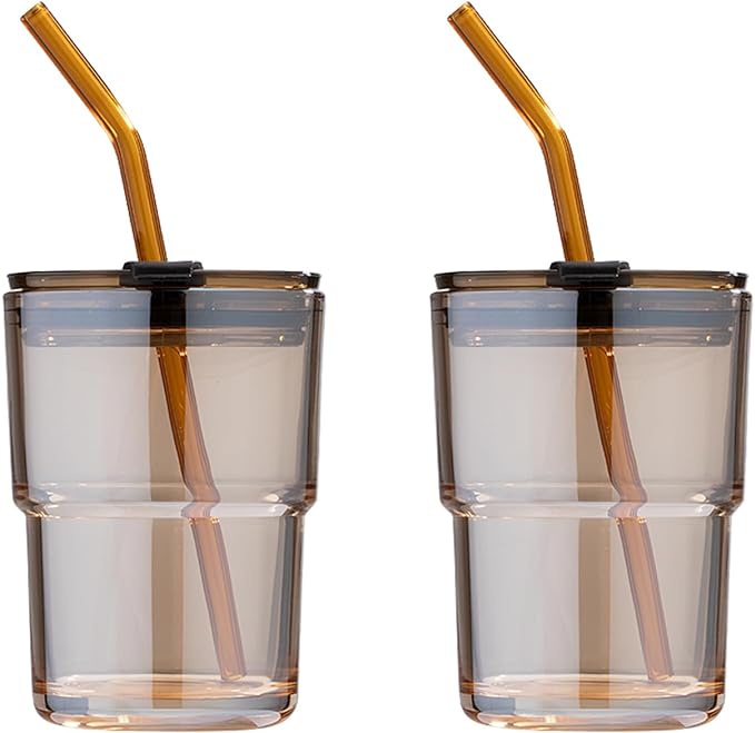 BLUEPOLAR 13oz/400ml Tumbler Water Glass, Cups with Straw and Lid Sealed Carry on for Coffee, Iced Tea, Thick Wall Insulated Glass Cup（Amber 2-Pack） by BLUEPOLAR